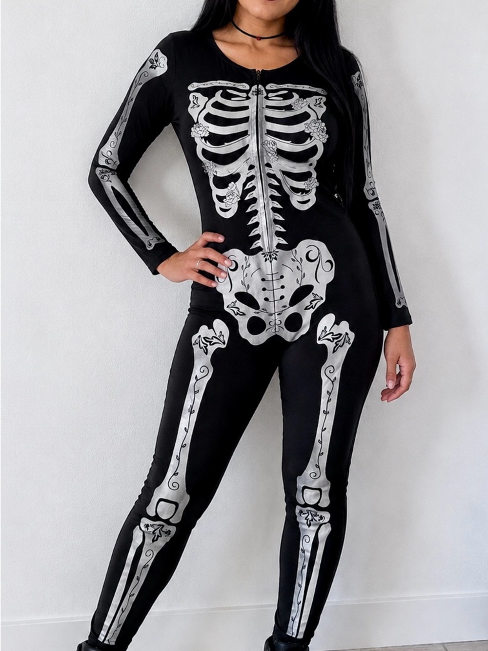Spirit Skeleton Print Bodysuit Costume Black/Silver Stretch Polyester Size S